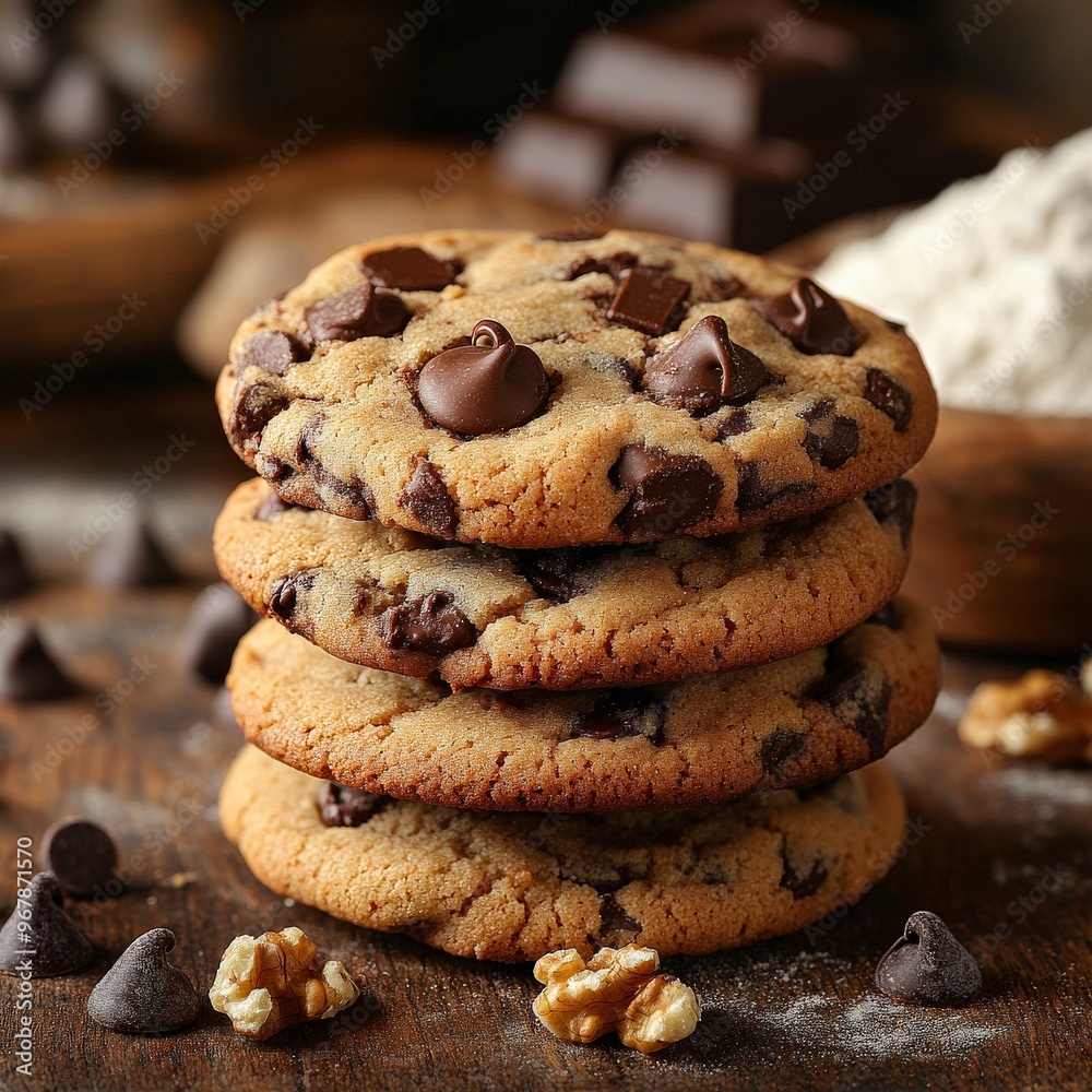 Close-Up of Homemade Chocolate Chip Cookies with Walnuts Close-Up of Homemade Chocolate Chip Cookies with Walnuts