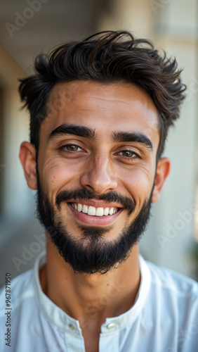 close up portrait photo of young smiling handsome arab pakistani muslim man