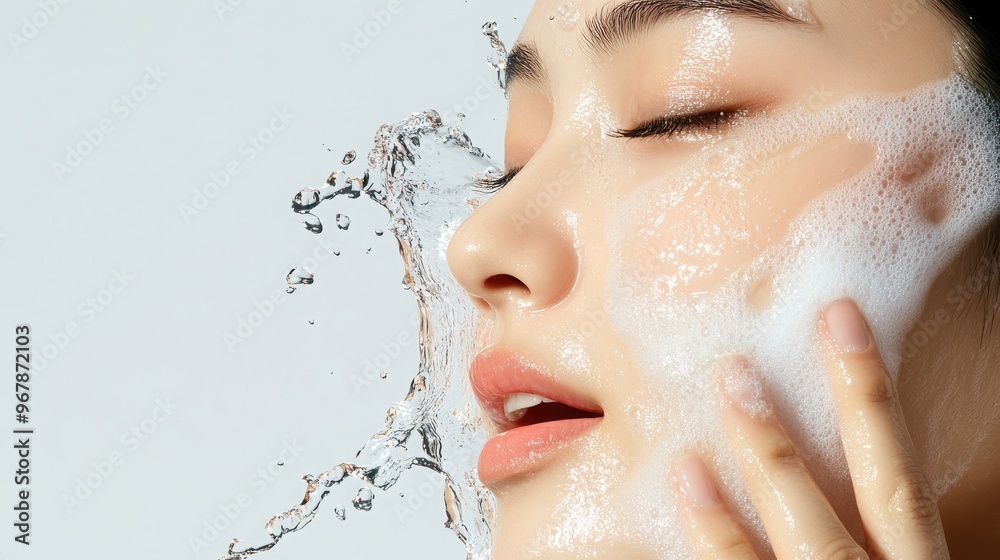 Naklejka premium Woman Washing Face with Water and Foam