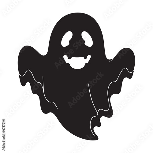 A simple and minimalist silhouette of a cheerful ghost. The ghost is completely black with a wide, friendly smile and large oval eyes, giving it a playful and approachable appearance 