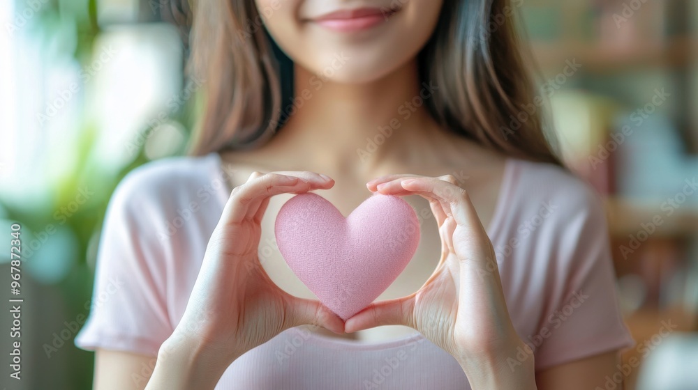 Woman Displaying Heart Symbol for Cancer Awareness