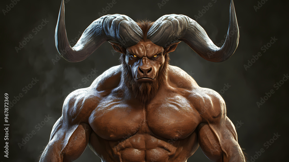 A 3d render of a menacing, muscular minotaur with large horns and a fierce expression. Minotaur. Illustration A 3d render of a menacing, muscular minotaur with large horns and a fierce expression. Minotaur. Illustration
