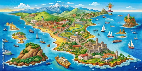 Vibrant colored map of Sicily, Italy, showcasing its varied landscape, rugged coastline, and significant cities, #967872335