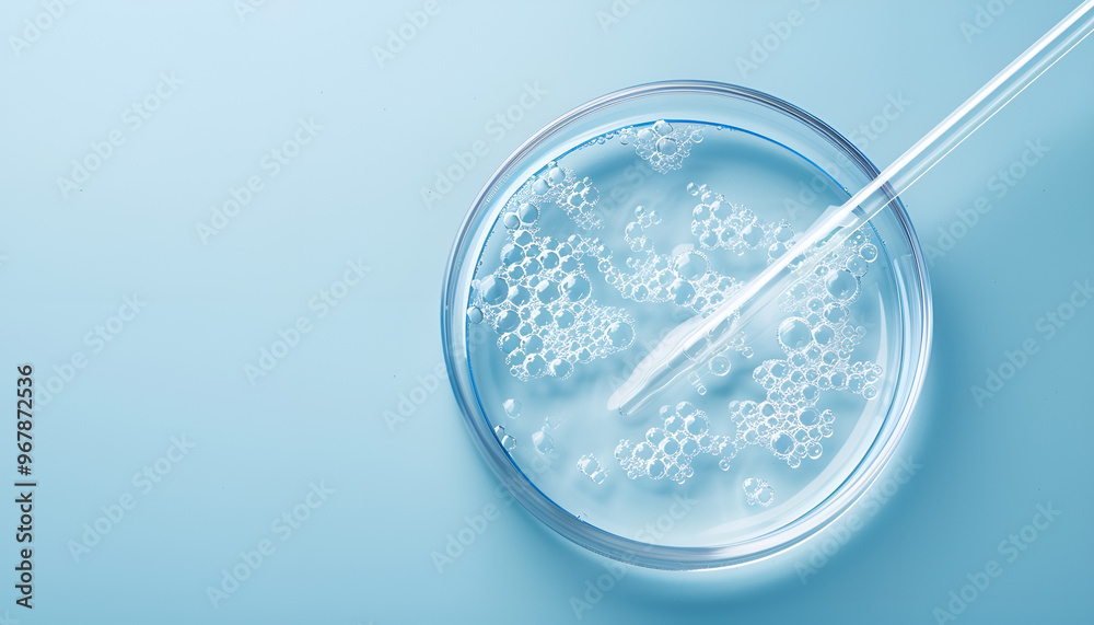 Glass pipette and petri dish with liquid on light blue background, closeup Glass pipette and petri dish with liquid on light blue background, closeup