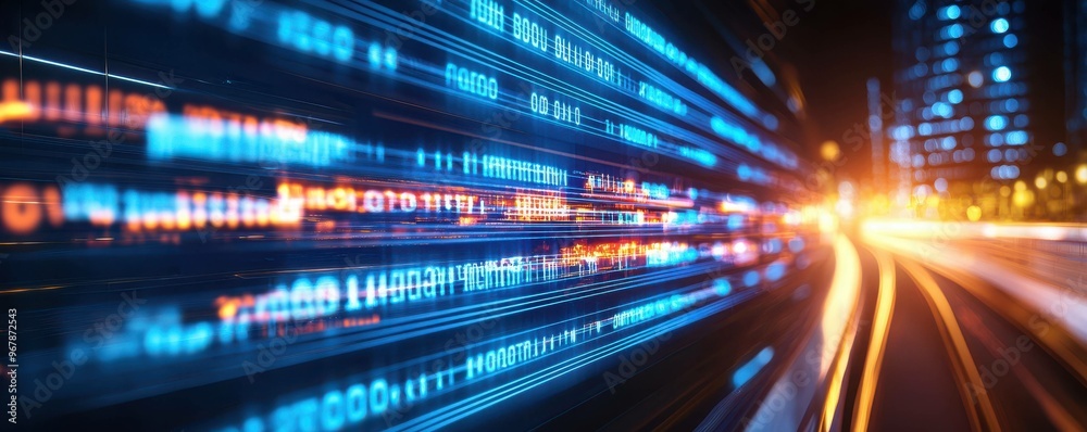 Dynamic light trails create a sense of speed and technology in an urban environment, representing data flow and connectivity. Dynamic light trails create a sense of speed and technology in an urban environment, representing data flow and connectivity.