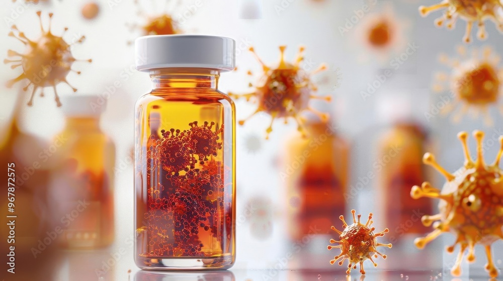 Close-up of a medicine bottle with floating virus particles, representing the concept of healthcare, vaccines, and disease prevention. Close-up of a medicine bottle with floating virus particles, representing the concept of healthcare, vaccines, and disease prevention.