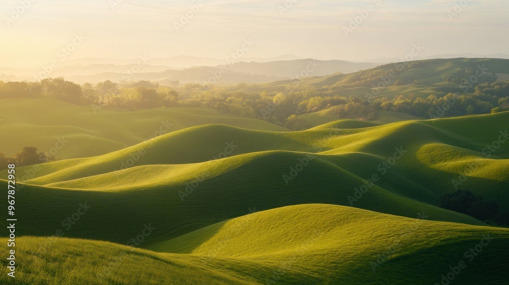 Lush green rolling hills under soft sunlight, creating a serene and tranquil landscape. Lush green rolling hills under soft sunlight, creating a serene and tranquil landscape.