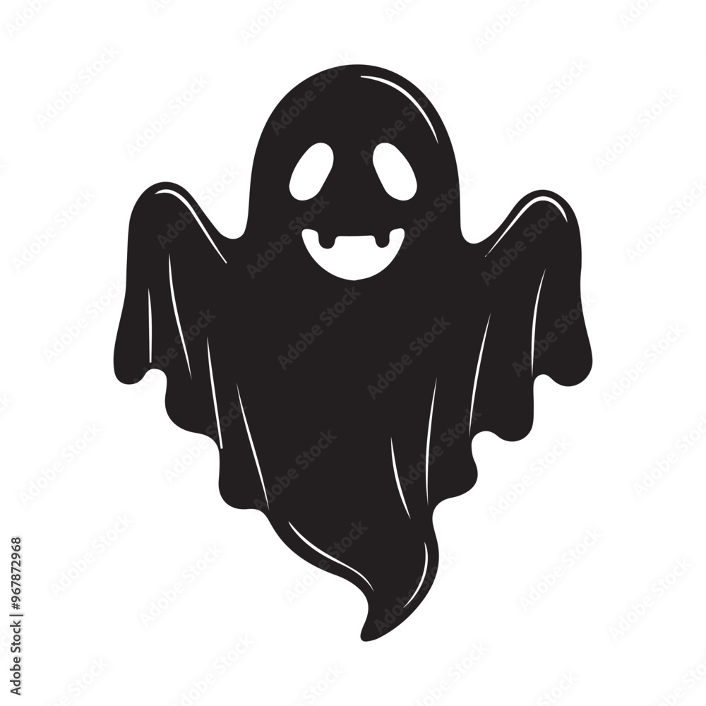 A simple and minimalist silhouette of a cheerful ghost. The ghost is completely black with a wide, friendly smile and large oval eyes, giving it a playful and approachable appearance A simple and minimalist silhouette of a cheerful ghost. The ghost is completely black with a wide, friendly smile and large oval eyes, giving it a playful and approachable appearance
