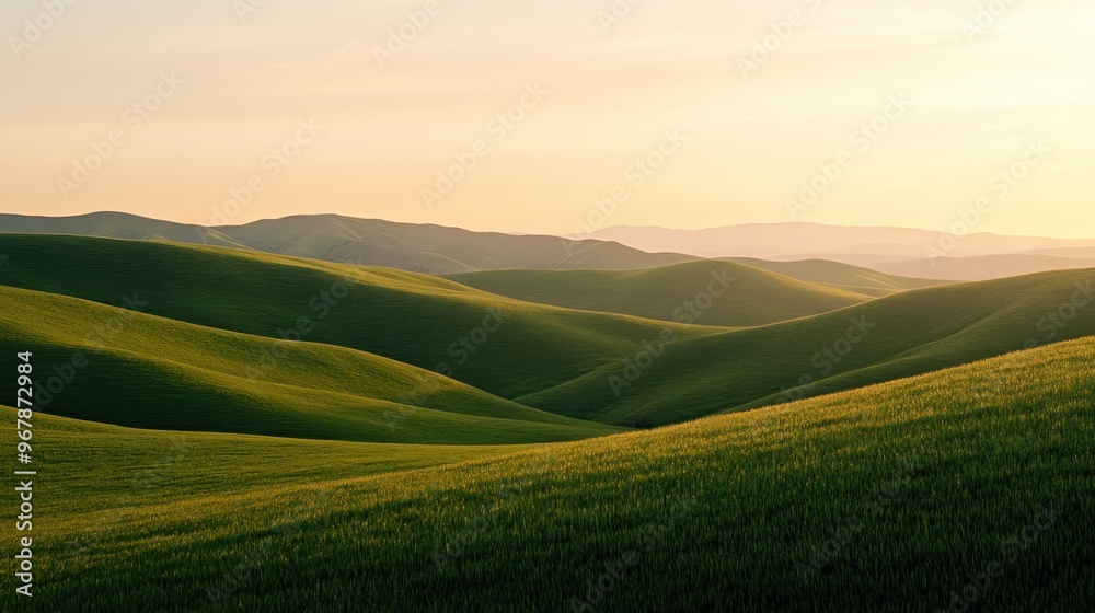 Obraz premium Lush green hills under a soft sunset, creating a serene landscape.
