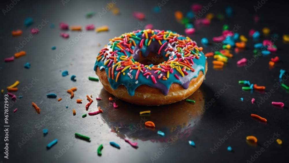 Colorful donut with sprinkles on a metal surface Colorful donut with sprinkles on a metal surface