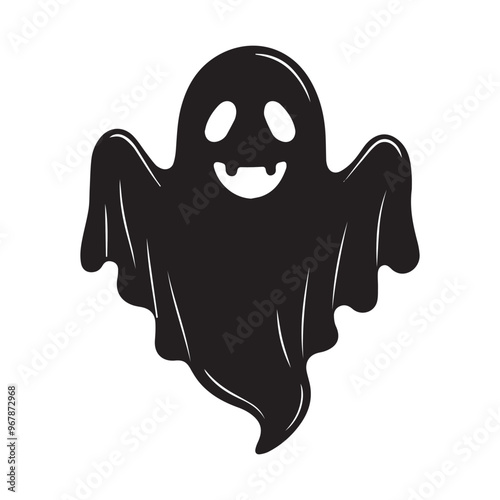 A simple and minimalist silhouette of a cheerful ghost. The ghost is completely black with a wide, friendly smile and large oval eyes, giving it a playful and approachable appearance 