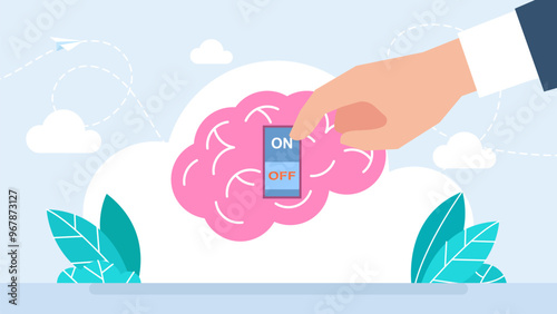 Brain power switch, off does not work, sleeps. Brain power switch, turned on working fine, awake. Switch off negative thinking concept. Flat business style modern design. Vector illustration. 