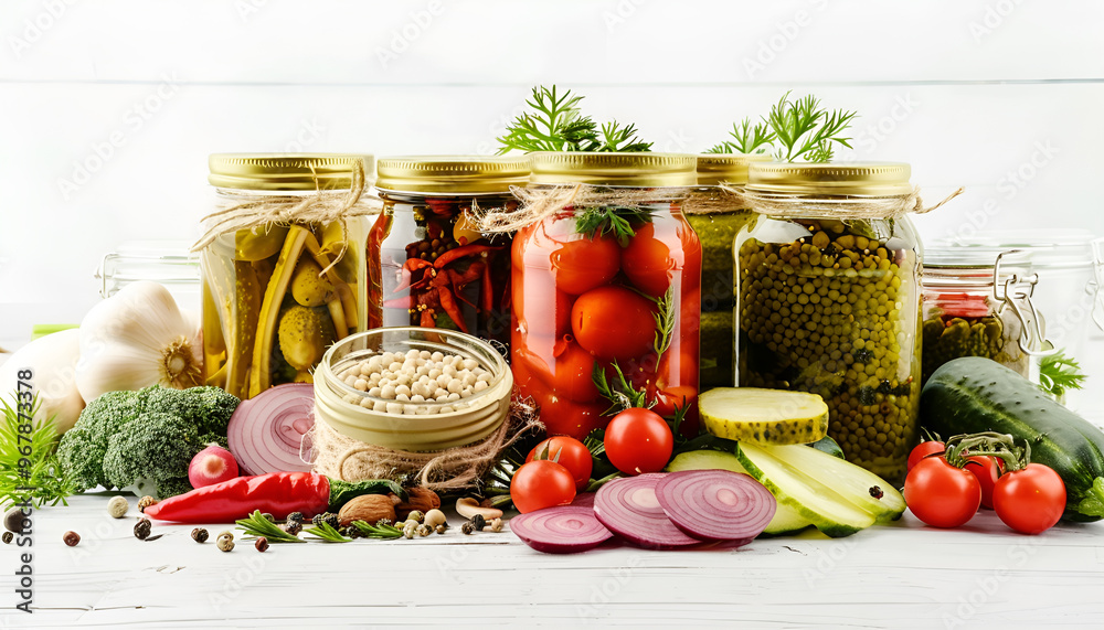 Different pickled products in jars and fresh vegetables on wooden table against white background Different pickled products in jars and fresh vegetables on wooden table against white background