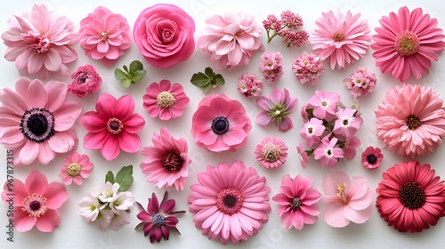 Flowers Collection. Pink flowers on white background. Flat lay, top view isolated on white background AI generated