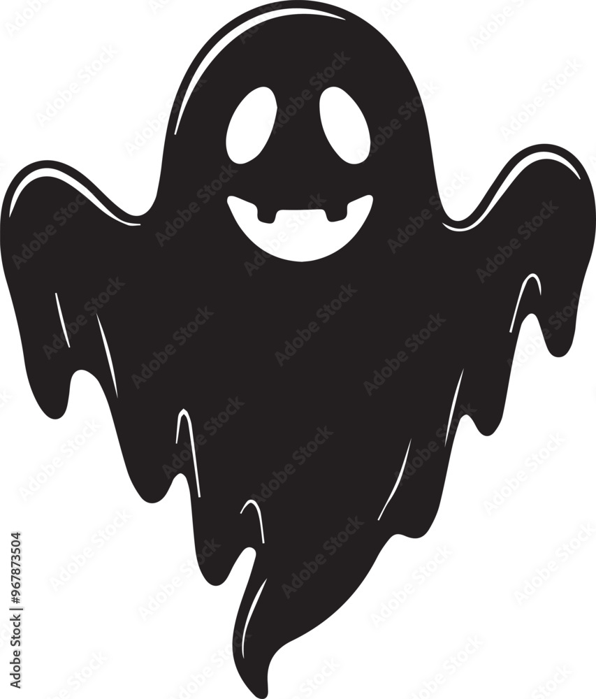 A simple and minimalist silhouette of a cheerful ghost. The ghost is completely black with a wide, friendly smile and large oval eyes, giving it a playful and approachable appearance A simple and minimalist silhouette of a cheerful ghost. The ghost is completely black with a wide, friendly smile and large oval eyes, giving it a playful and approachable appearance