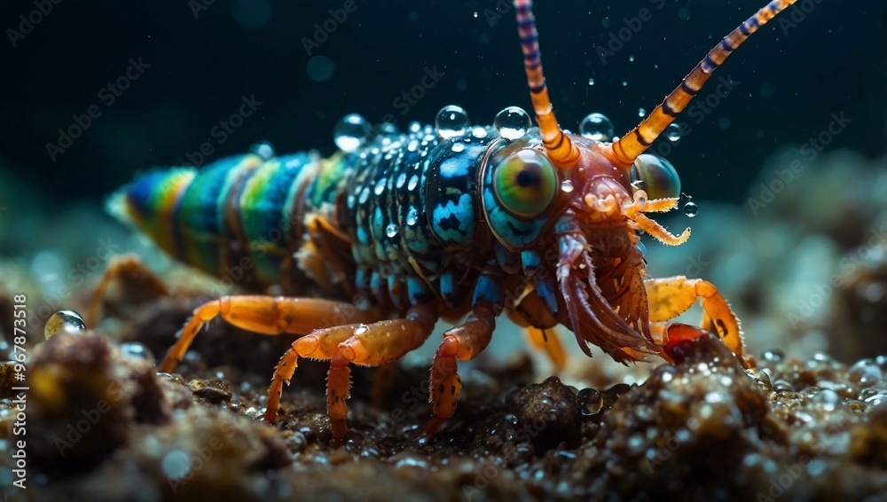 Colorful mantis shrimp close-up with water droplets for a striking aquatic image. Colorful mantis shrimp close-up with water droplets for a striking aquatic image.