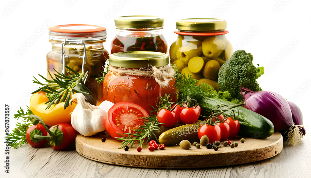 Different pickled products in jars and fresh vegetables on wooden table against white background Different pickled products in jars and fresh vegetables on wooden table against white background
