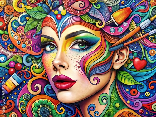 Vibrant, colorful makeup doodles adorn a blank canvas, showcasing creative swirls, patterns, and designs using various