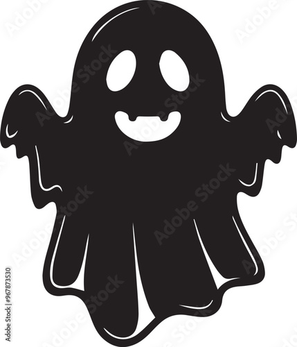 A simple and minimalist silhouette of a cheerful ghost. The ghost is completely black with a wide, friendly smile and large oval eyes, giving it a playful and approachable appearance 