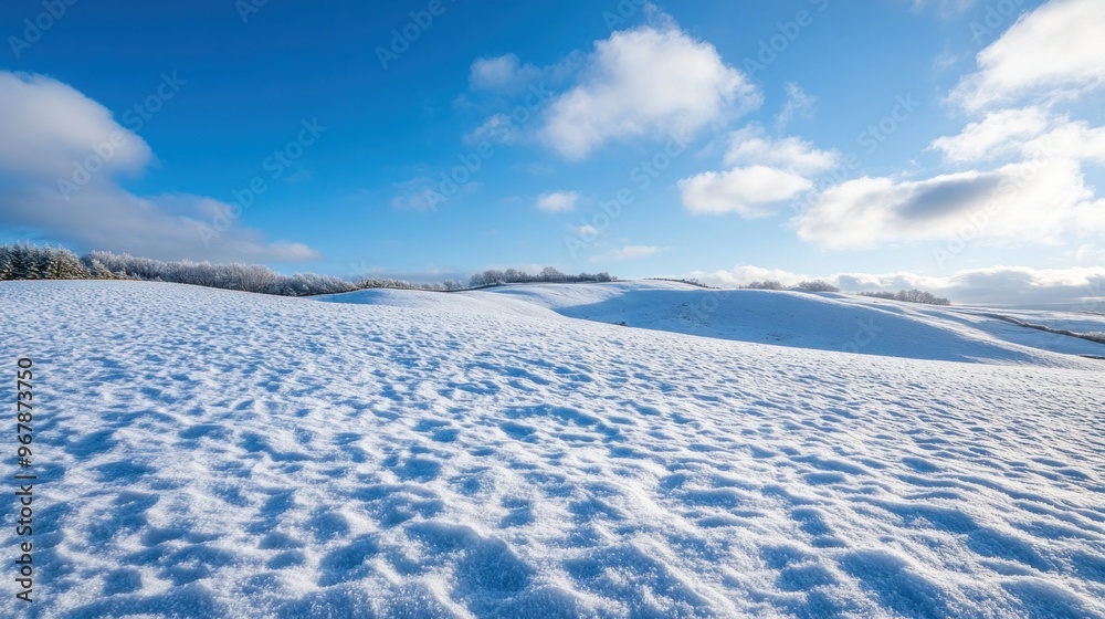 A serene winter landscape with snow-covered hills under a bright blue sky. A serene winter landscape with snow-covered hills under a bright blue sky.