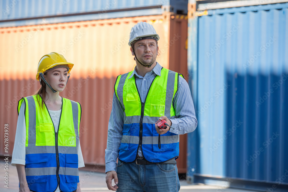 Foreman or worker work at Container cargo site check up goods in container. Foreman or worker checking on shipping containers. Logistics and shipping. Foreman or worker work at Container cargo site check up goods in container. Foreman or worker checking on shipping containers. Logistics and shipping.