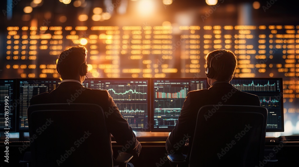 Two professionals analyze financial data on multiple screens, showcasing a modern trading environment filled with technology. Two professionals analyze financial data on multiple screens, showcasing a modern trading environment filled with technology.