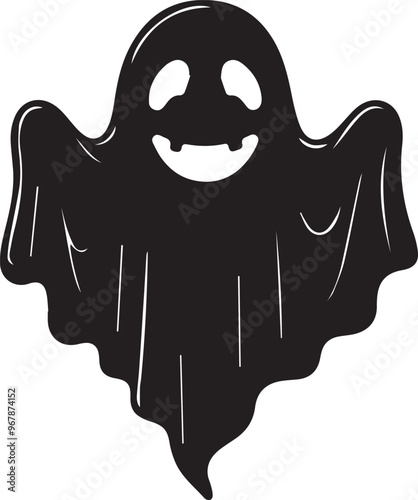 A simple and minimalist silhouette of a cheerful ghost. The ghost is completely black with a wide, friendly smile and large oval eyes, giving it a playful and approachable appearance 