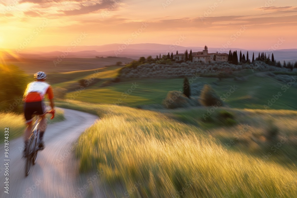Fototapeta premium Cyclist on a Winding Country Road: Biking Through Rolling Hills and Green Fields 