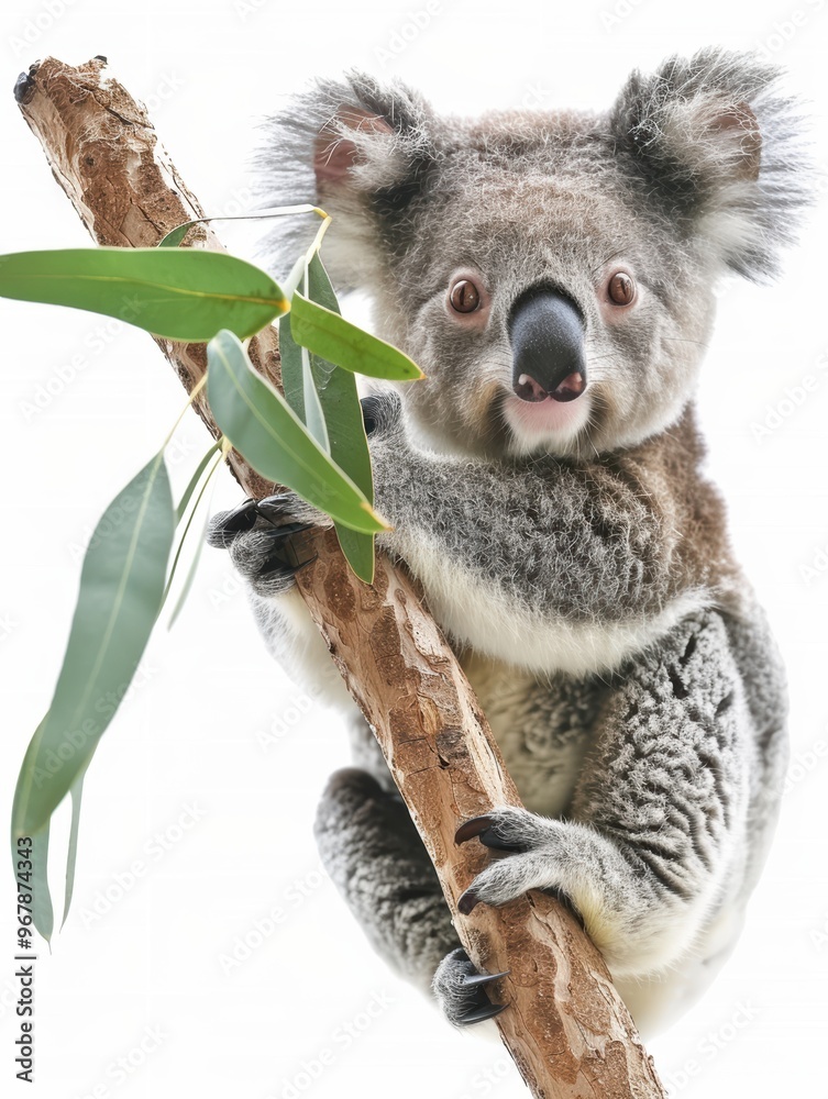 Obraz premium A baby koala is holding a leaf in its mouth