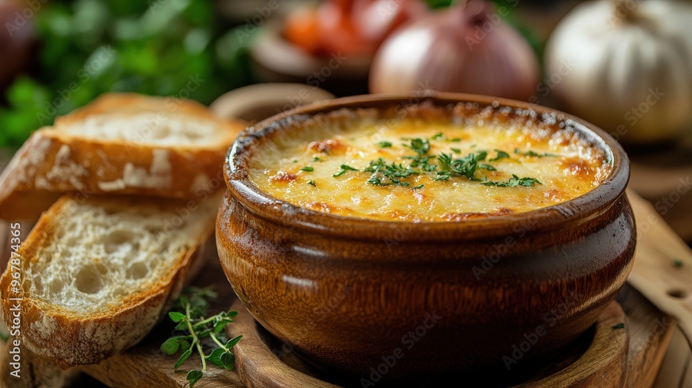 A traditional French onion soup with a golden cheese crust, served in a rustic bowl A traditional French onion soup with a golden cheese crust, served in a rustic bowl