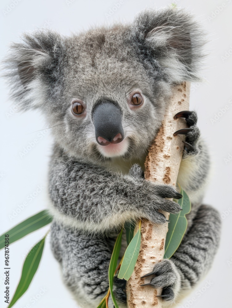Obraz premium A baby koala is holding a branch in its mouth