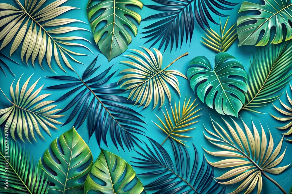 Vibrant tropical leaf pattern on teal background Vibrant tropical leaf pattern on teal background
