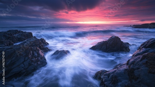 Serene coastal sunset with waves crashing against rocky shore.