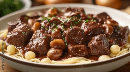 A luxurious beef bourguignon with tender chunks of beef, mushrooms, and pearl onions