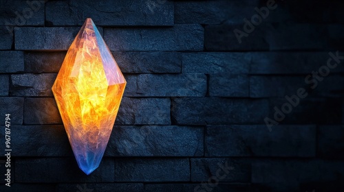 Glowing Crystal on Brick Wall Background photo