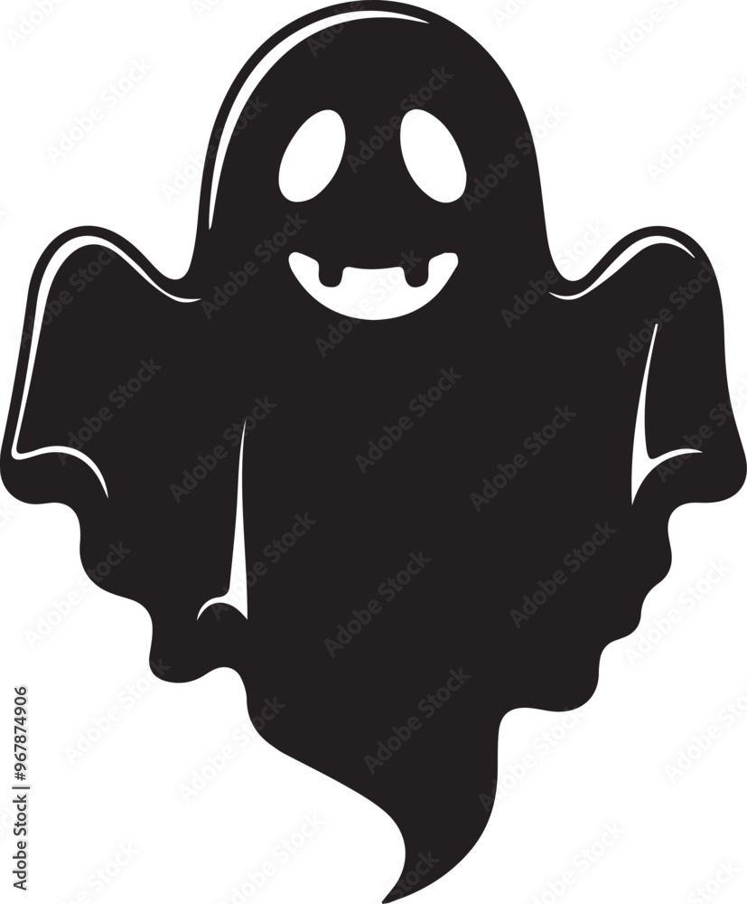 A simple and minimalist silhouette of a cheerful ghost. The ghost is completely black with a wide, friendly smile and large oval eyes, giving it a playful and approachable appearance A simple and minimalist silhouette of a cheerful ghost. The ghost is completely black with a wide, friendly smile and large oval eyes, giving it a playful and approachable appearance