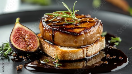 Fototapeta Naklejka Na Ścianę i Meble -  A gourmet foie gras dish with a balsamic glaze, served on a slice of toasted brioche