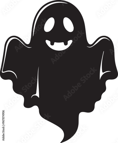 A simple and minimalist silhouette of a cheerful ghost. The ghost is completely black with a wide, friendly smile and large oval eyes, giving it a playful and approachable appearance 