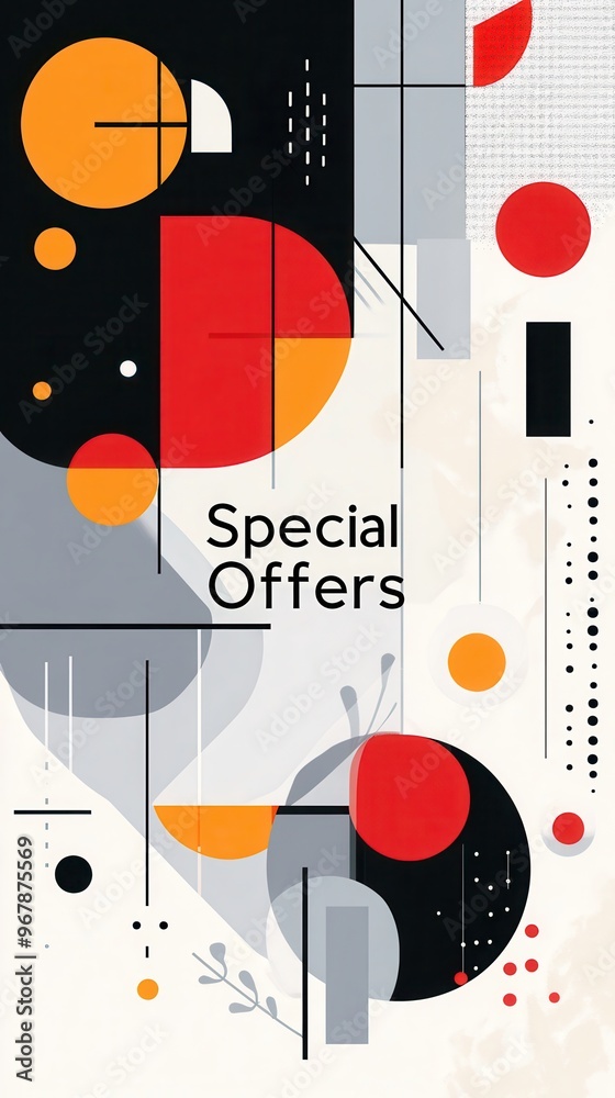 This artwork features a minimalist design emphasizing special offers using bold colors and geometric shapes layered over a light backdrop This artwork features a minimalist design emphasizing special offers using bold colors and geometric shapes layered over a light backdrop
