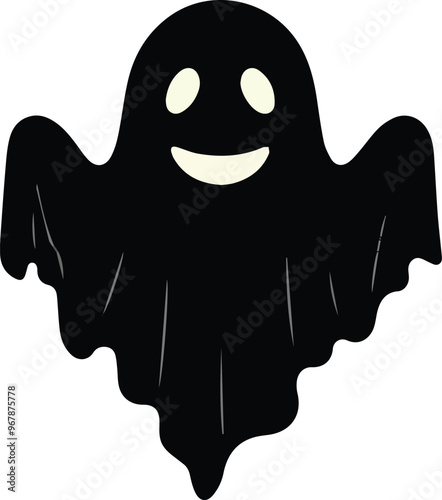 A simple and minimalist silhouette of a cheerful ghost. The ghost is completely black with a wide, friendly smile and large oval eyes, giving it a playful and approachable appearance 