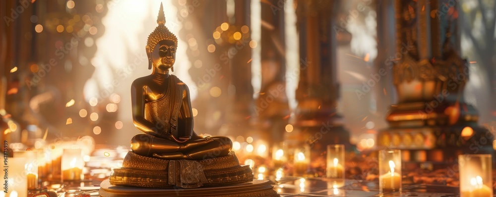 Golden Buddha statue in a temple with candlelight. Golden Buddha statue in a temple with candlelight.