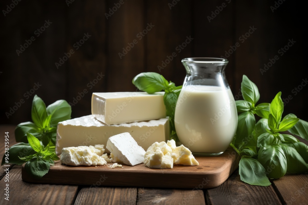 Freshly made cheese and creamy milk displayed with herbs on a wooden board in a rustic kitchen Freshly made cheese and creamy milk displayed with herbs on a wooden board in a rustic kitchen