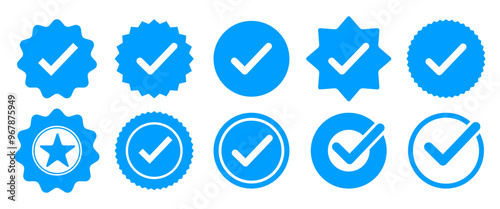 Blue Verifide vector icon set, Isolate Identify symbol, Approve icon, Check mark sticker and graphic elements, Premium medal, Subscription, Award ilustration, Vector stock (Editable)