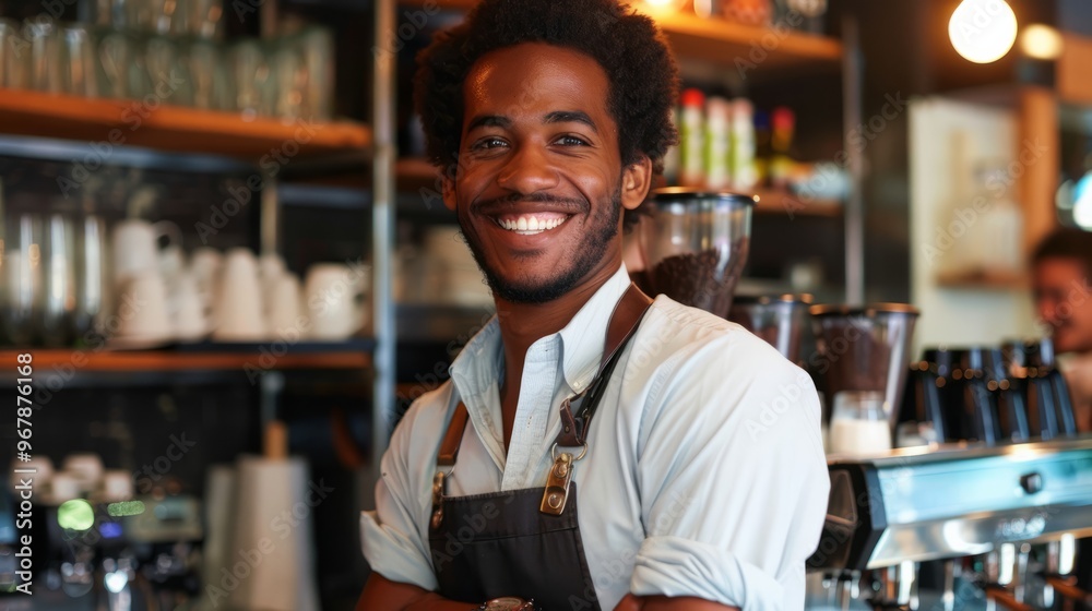 Portrait of young happy African American barista in cafe
