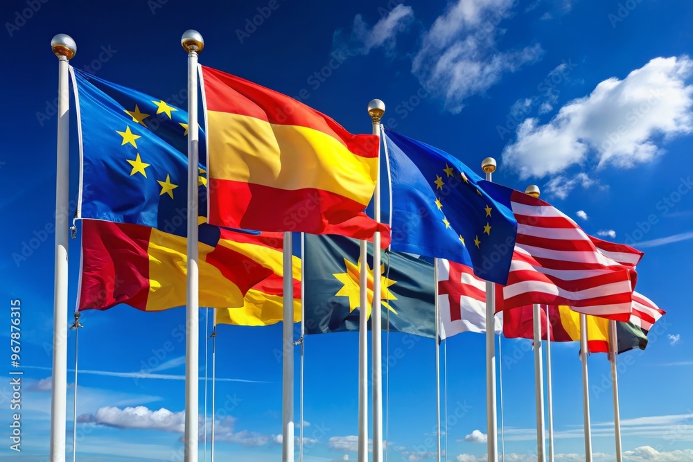 Vibrant flags of European countries, including EU, UK, Germany, France, Italy, and Spain, waving together in unison Vibrant flags of European countries, including EU, UK, Germany, France, Italy, and Spain, waving together in unison
