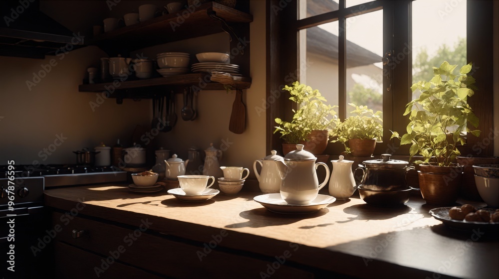Generative AI, Sunlit Kitchen with Teapots and Cups: A Warm and Inviting Scene of Morning Calm and Simple Comfort Generative AI, Sunlit Kitchen with Teapots and Cups: A Warm and Inviting Scene of Morning Calm and Simple Comfort