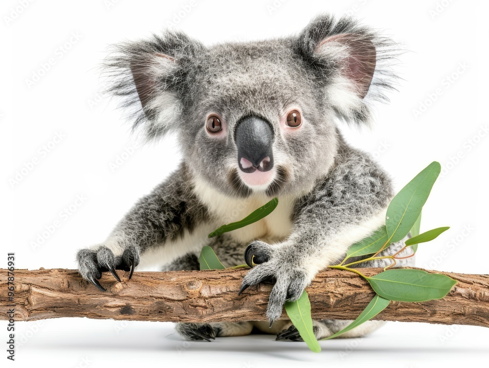 Fototapeta premium A koala is sitting on a branch with a leaf in its mouth