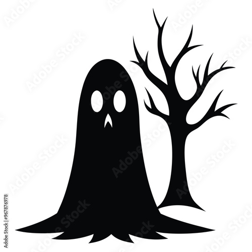 Halloween Ghost Tree Vector Silhouette.