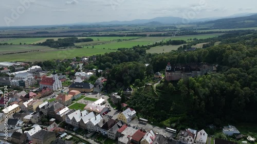 Aerial drone view of Castle Jansky Vrch in Javornik. The Jansky Vrch State Chateau on a rocky hill above the town of Javornik, located in the Czech Republic in Moravia. Javornik in summer drone fly. photo