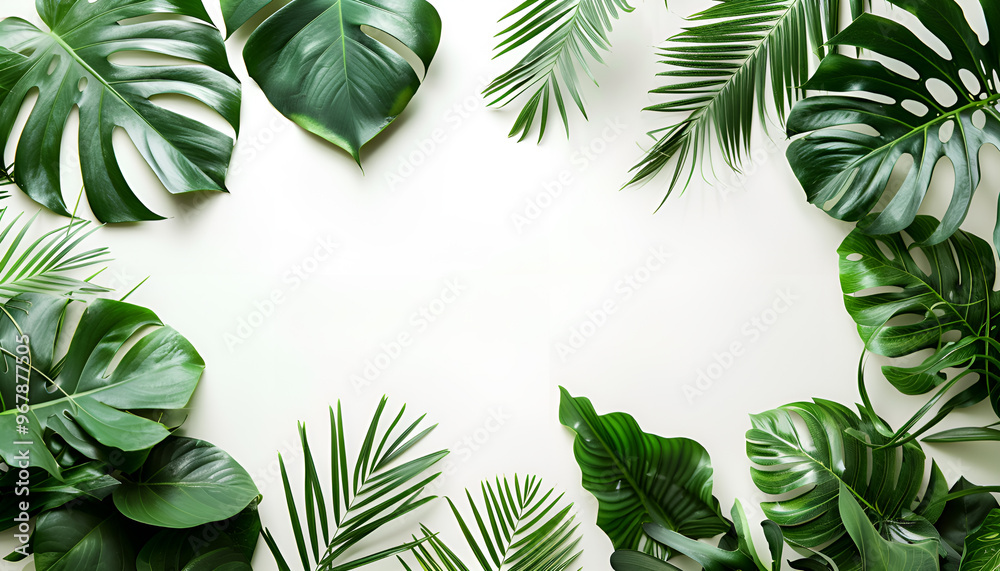 Frame made of different lush tropical leaves on white background, top view. Space for text Frame made of different lush tropical leaves on white background, top view. Space for text